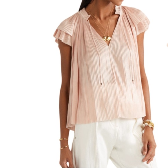 Ulla Johnson Pleated Japanese Satin Blouse In Blush Pink - Picture 1 of 12